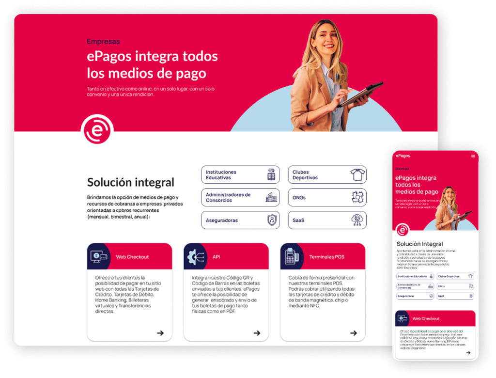 Diseño responsive del proyecto ePagos adaptado para dispositivos móviles, tablets y computadoras, optimizando la experiencia de pagos digitales en diferentes pantallas.