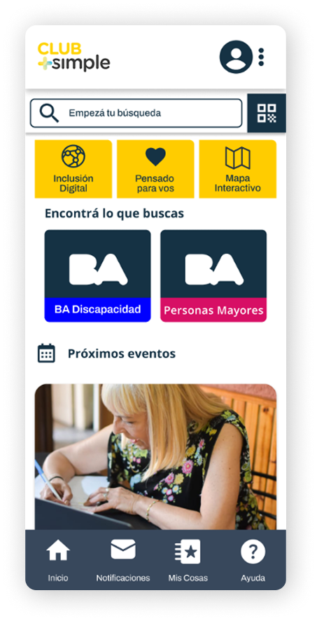 Pantalla del proyecto Club+Simple que muestra la organización de contenidos y funcionalidades para facilitar la navegación y el acceso a información relevante.